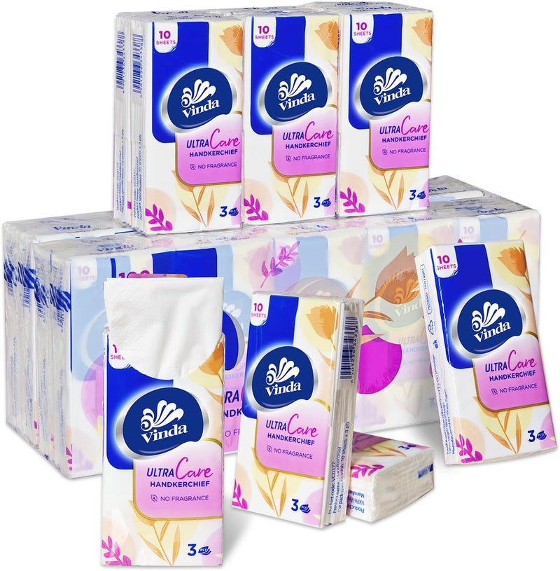 Vinda 3-Ply Ultra Care Pocket Tissues, Travel Size (30 Packs of 10 Tissues) - Image 1